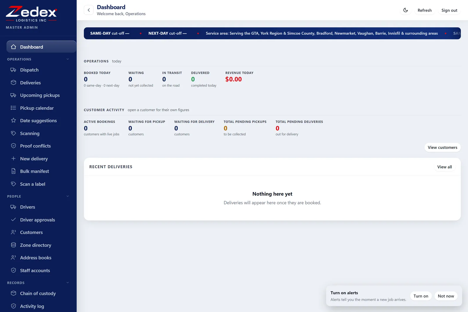 The office dashboard with today's bookings, deliveries in transit and revenue, beside the operations menu: dispatch, deliveries, pickups, scanning, bulk manifests, drivers, customers and chain of custody