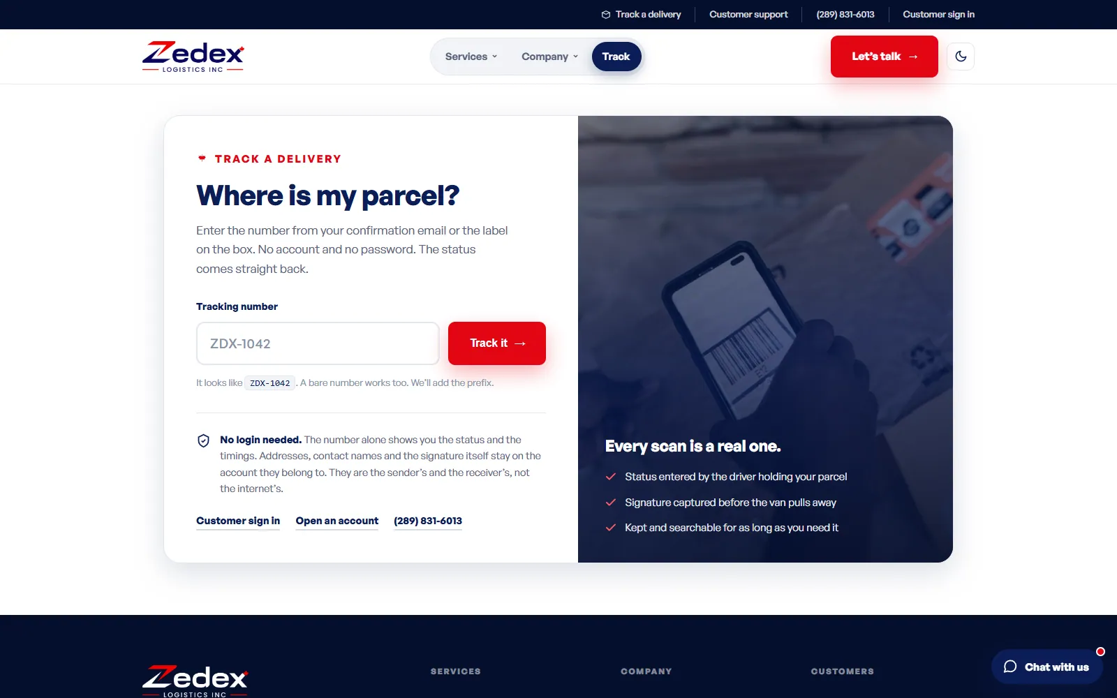 Track a delivery page with a tracking number field and a note that no login is needed