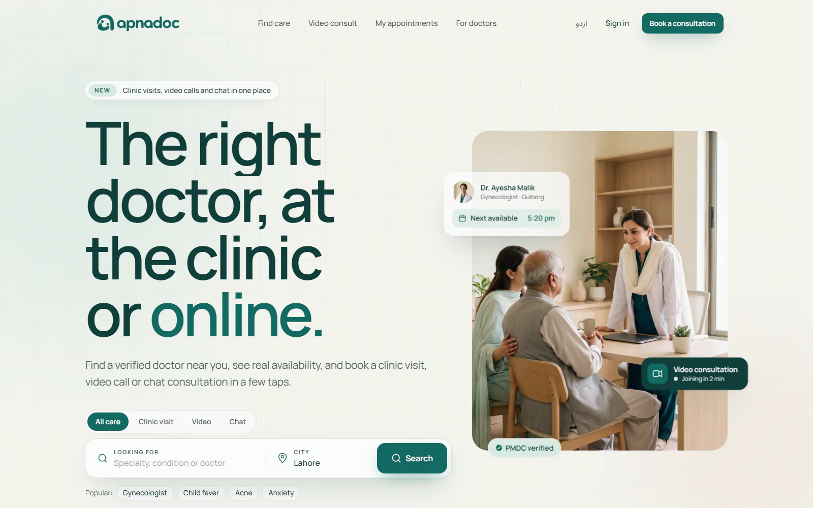 Apnadoc homepage: The right doctor, at the clinic or online, with a search for specialty and city and filters for clinic visit, video and chat